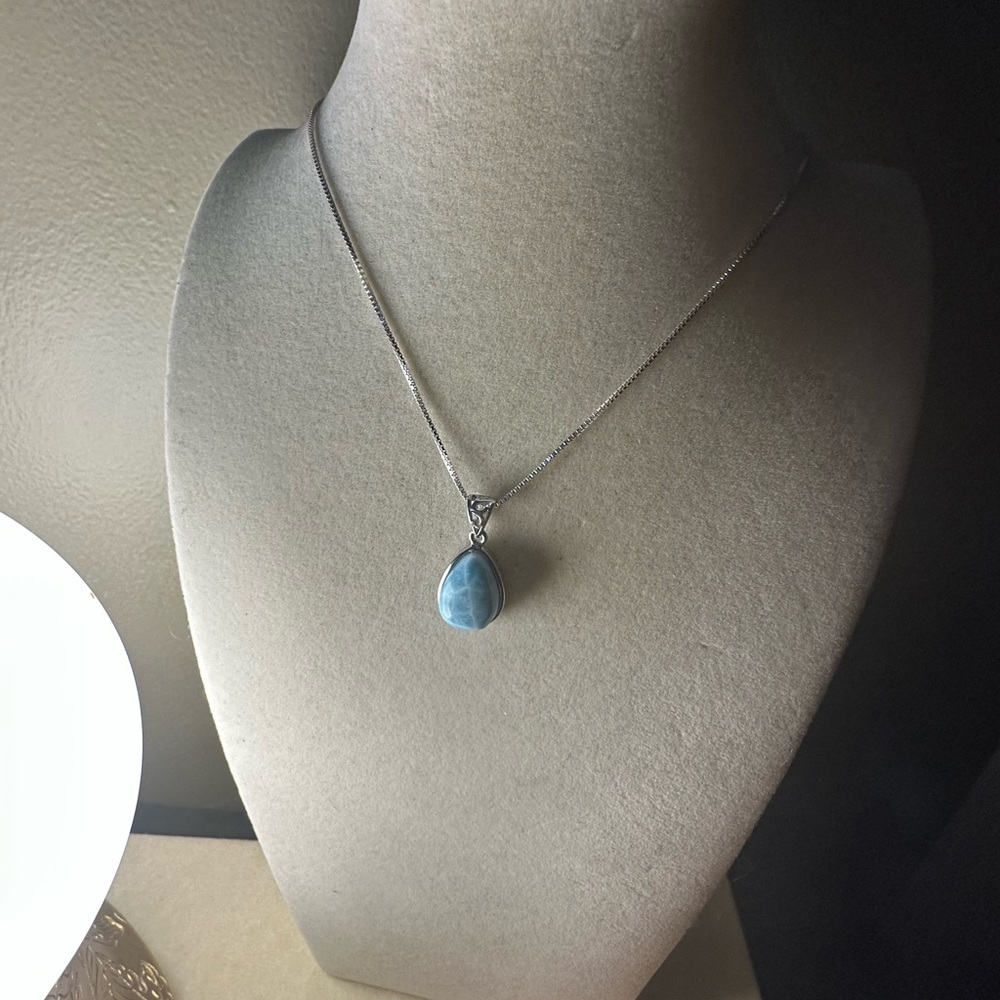 Larimar and Sterling Silver Teardrop Pendant Necklace on Sterling Silver Chain - Picture 9 of 11